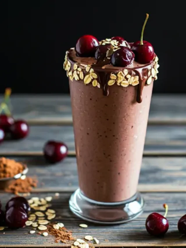 Decadent Dark Chocolate Cherry Bliss : A rich dark brown smoothie in a glass, topped with whipped cream, a cherry, and a drizzle of dark chocolate, exuding a decadent and fruity charm.