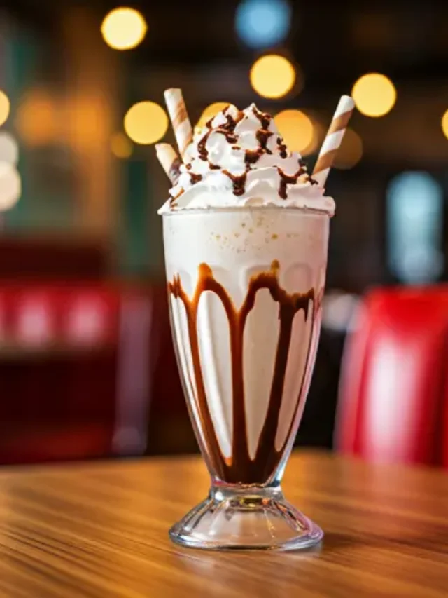 Decadent Malted Milkshake : A creamy light beige milkshake in a glass, topped with whipped cream and a sprinkle of malt powder, exuding a classic and indulgent appeal.