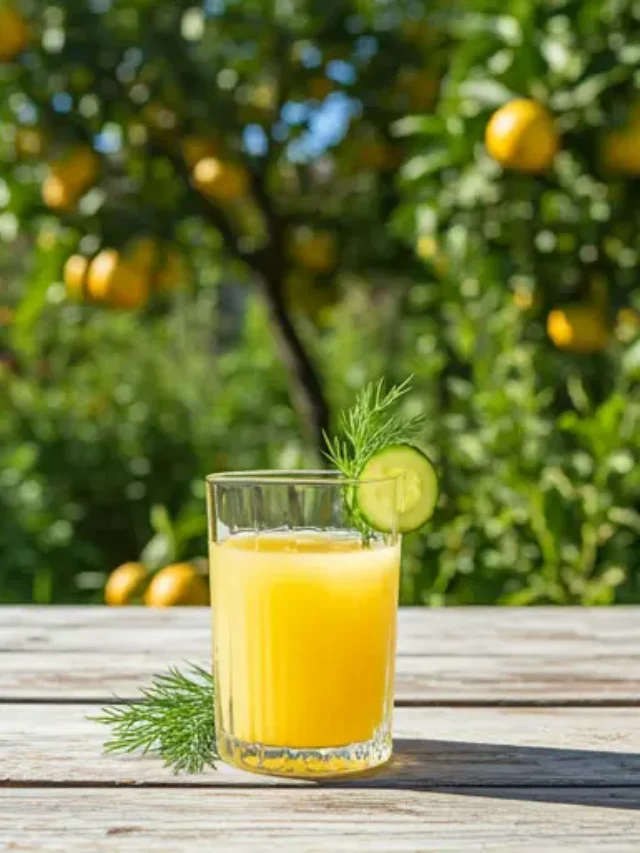 Dill-lightful Citrus Energizer : A zesty citrus drink in a glass, garnished with a sprig of fresh dill and a lemon wheel, radiating vibrant and refreshing energy.