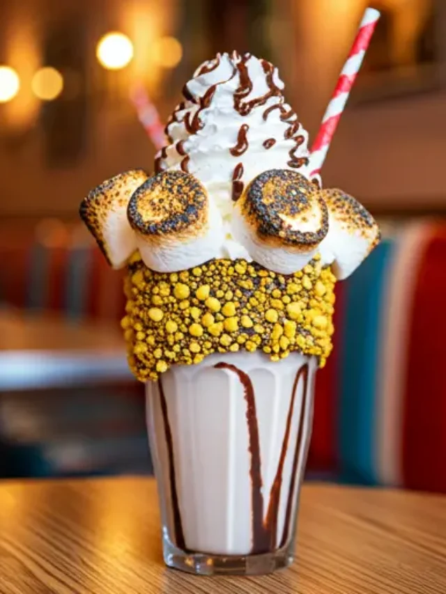 Fluffy Marshmallow Milkshake : A creamy white milkshake in a glass, topped with whipped cream, mini marshmallows, and a drizzle of caramel, exuding sweet indulgence.