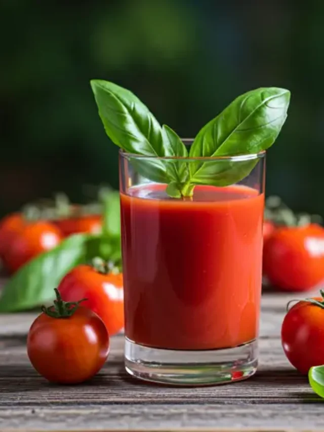 Garden-Fresh Tomato Elixir : A vibrant red juice in a glass, garnished with a cherry tomato and a sprig of basil, exuding fresh and savory appeal.