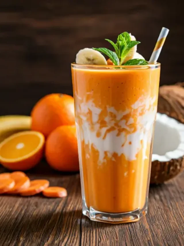 Golden Carrot Smoothie : A creamy golden-orange smoothie in a glass, topped with a sprinkle of turmeric and a carrot curl, radiating vibrant and earthy warmth.