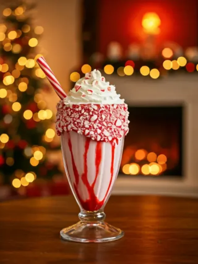 Holiday Bliss Peppermint Milkshake : A festive white milkshake in a glass, topped with whipped cream, crushed peppermint candies, and a small candy cane, exuding holiday cheer.