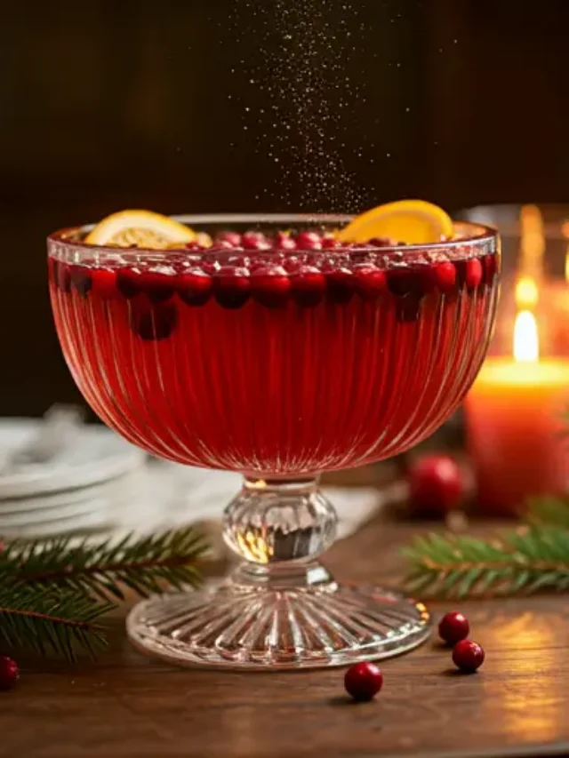 Holiday Cranberry Citrus Sparkler : A sparkling red drink in a glass, garnished with fresh cranberries, an orange slice, and a sprig of rosemary, exuding festive elegance and cheer.