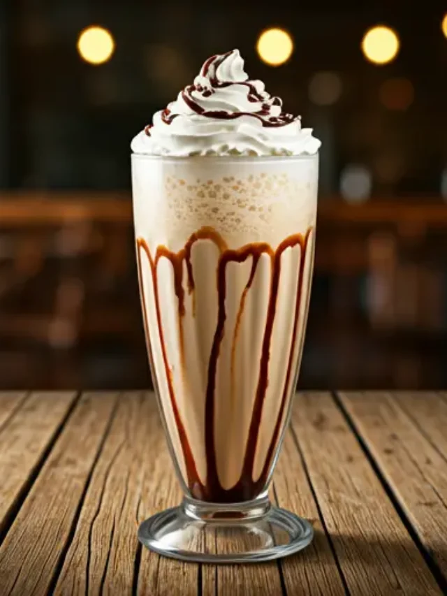 Java Delight Indulgence : A creamy coffee smoothie in a glass, topped with whipped cream and a drizzle of chocolate syrup, exuding rich and indulgent coffee vibes.