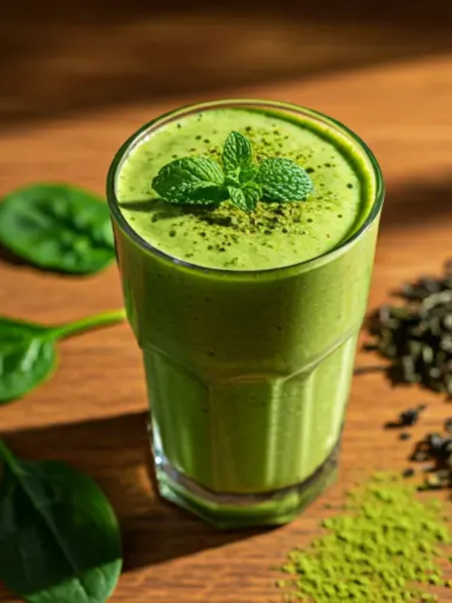 Matcha Power Green Tea Smoothie : A vibrant green smoothie in a glass, topped with a sprinkle of matcha powder and a mint leaf, exuding a refreshing and energizing vibe.