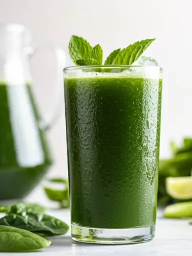 Minty Green Detox Elixir : A vibrant green juice in a glass, garnished with fresh mint leaves and a lime wedge, exuding detoxifying and refreshing vibes.