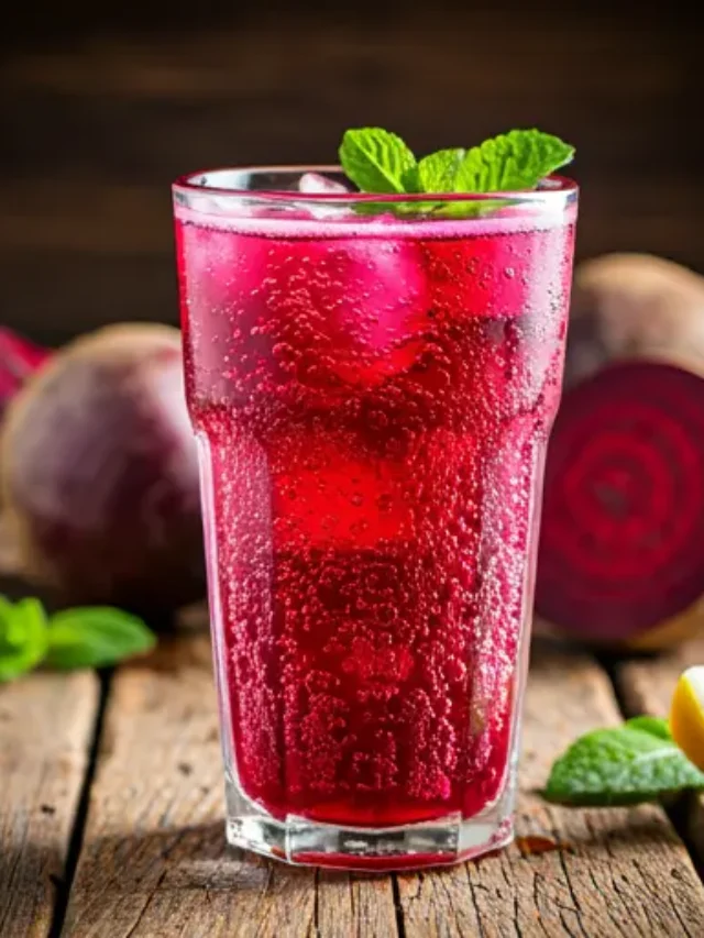 Radiant Beet Sparkle : A sparkling beet-infused drink with a vivid magenta hue, garnished with a lemon twist and a sprig of mint, bubbling with vibrant energy.