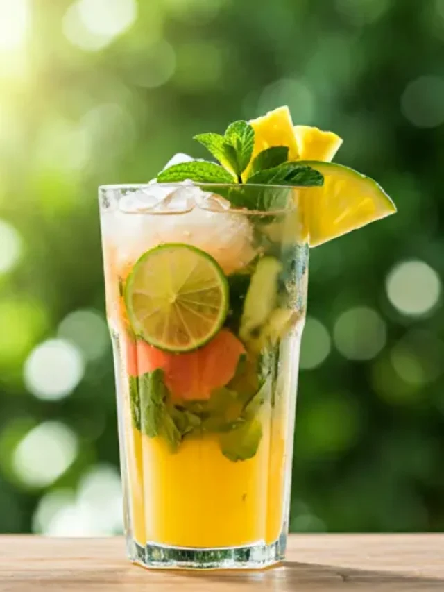 Refreshing Agua Fresca Delight : A refreshing light pink agua fresca in a glass, garnished with a lime wedge and fresh mint leaves, exuding a cool and hydrating vibe.
