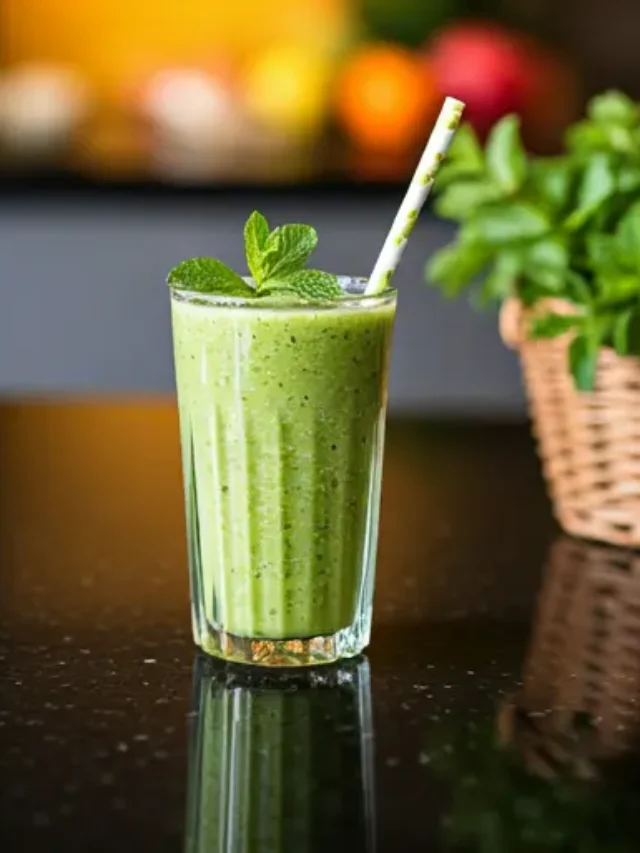 Refreshing Cucumber Mint Smoothie : A pale green smoothie in a glass, garnished with a cucumber slice and a sprig of fresh mint, exuding cooling and refreshing vibes.