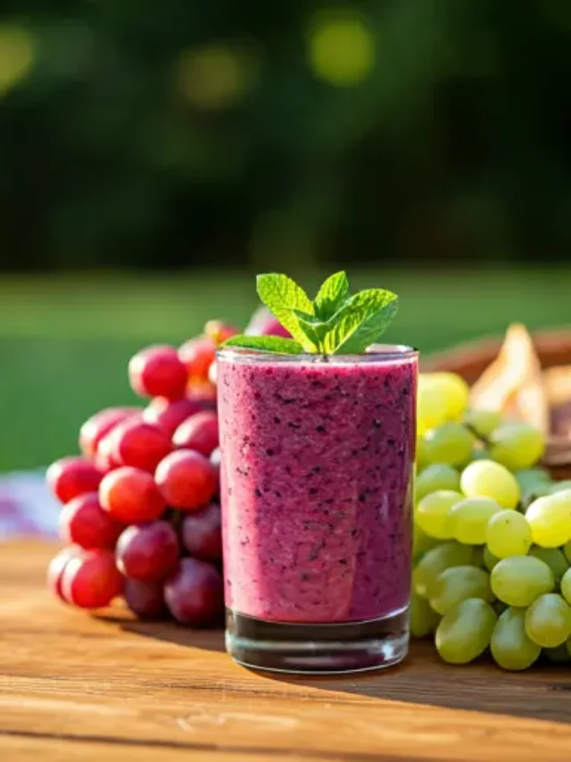 Refreshing Grape Smoothie : A smooth purple smoothie in a glass, topped with a cluster of fresh grapes and a sprig of mint, exuding fruity and refreshing appeal.