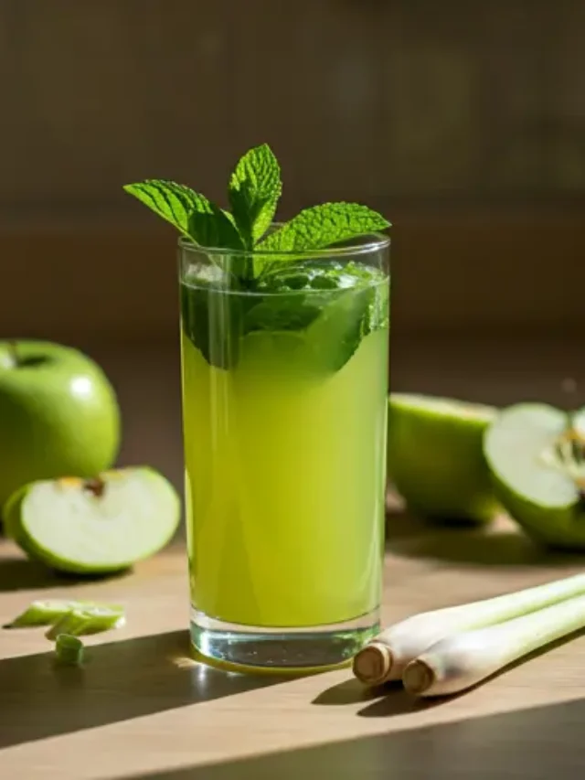 Refreshing Sweet Green Lemongrass Elixir : A vibrant green juice in a glass, garnished with a lemongrass stalk and a lime slice, exuding a fresh and herbal essence.
