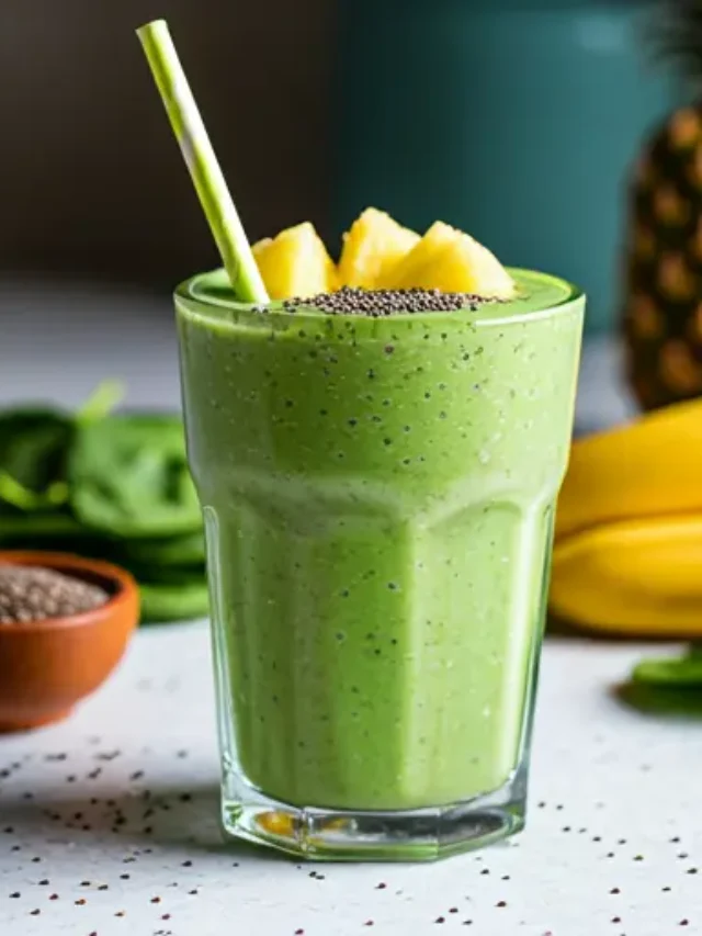 Revitalizing Green Energy Smoothie A vibrant green smoothie in a glass, topped with a sprinkle of chia seeds and a spinach leaf, exuding freshness and energetic appeal.