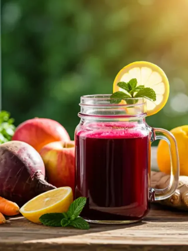 Ruby Revitalizer Elixir / A deep ruby-red drink in a glass, garnished with a slice of orange and a sprig of fresh mint, radiating bold and refreshing energy.