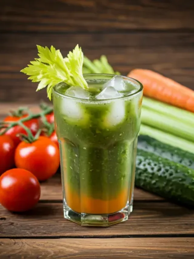Savory Vegetable Cocktail : A vibrant red vegetable cocktail in a glass, garnished with a celery stalk and a slice of lime, showcasing savory flavors.