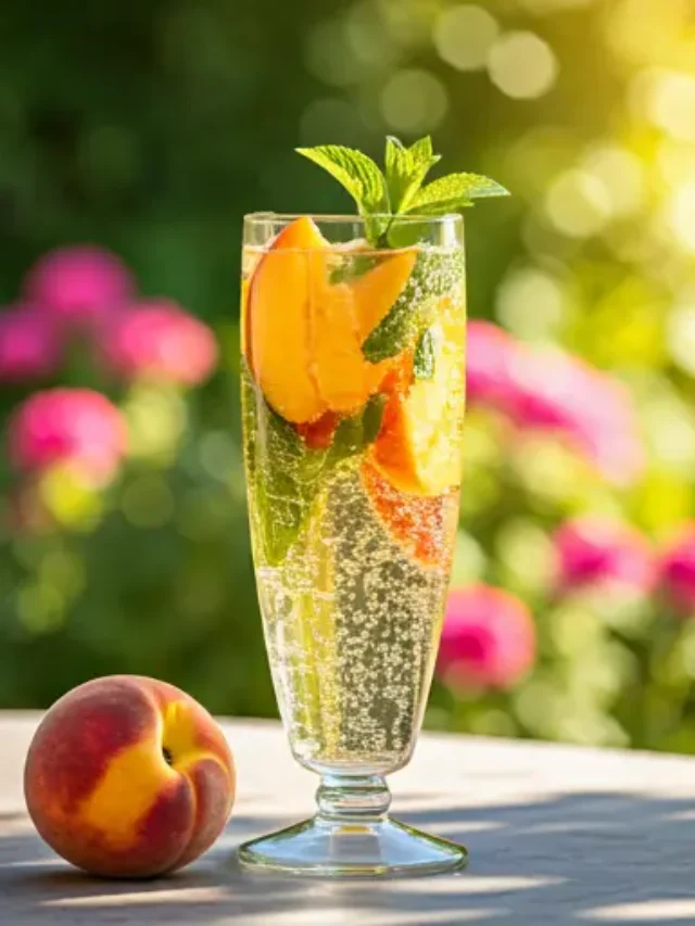 Sparkling Peach Elixir : A sparkling golden-orange drink in a glass, garnished with a fresh peach slice and mint sprig, exuding a refreshing fruity elegance.