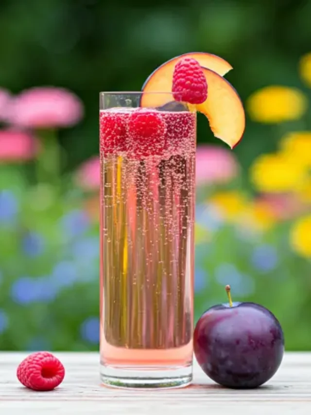 Sparkling Raspberry Plum Delight : A sparkling ruby-hued drink in a glass, garnished with fresh raspberries and a plum slice, exuding a vibrant and festive charm.