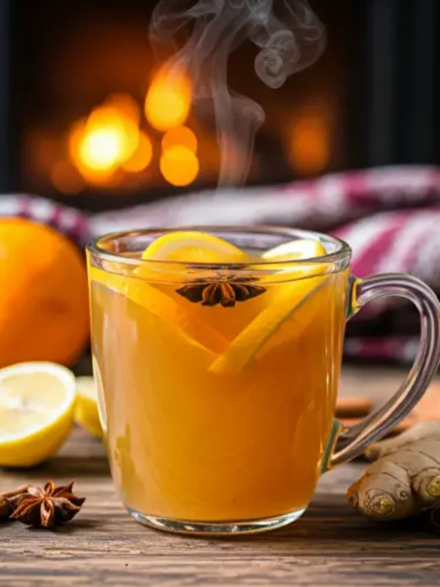 Spiced Citrus Winter Warmer : A warm orange-hued beverage in a mug, garnished with an orange slice and a cinnamon stick, exuding cozy and spiced winter vibes.