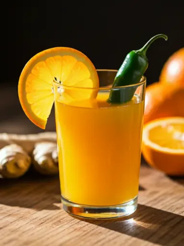 Spicy Citrus Delight : A bright orange drink in a glass, garnished with an orange slice and a sprinkle of chili flakes, radiating a spicy and citrusy allure.