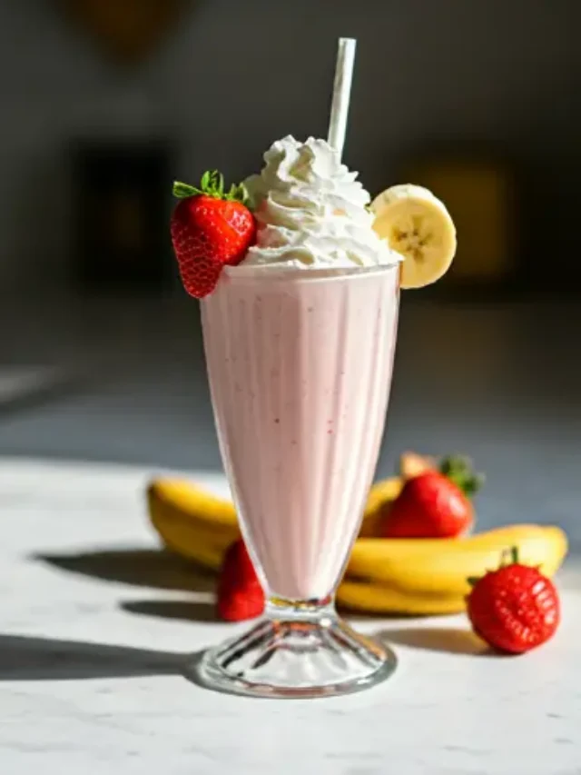 Strawberry Banana Bliss Milkshake : A creamy pink milkshake in a glass, topped with whipped cream, a fresh strawberry, and a banana slice, exuding a sweet and indulgent charm.