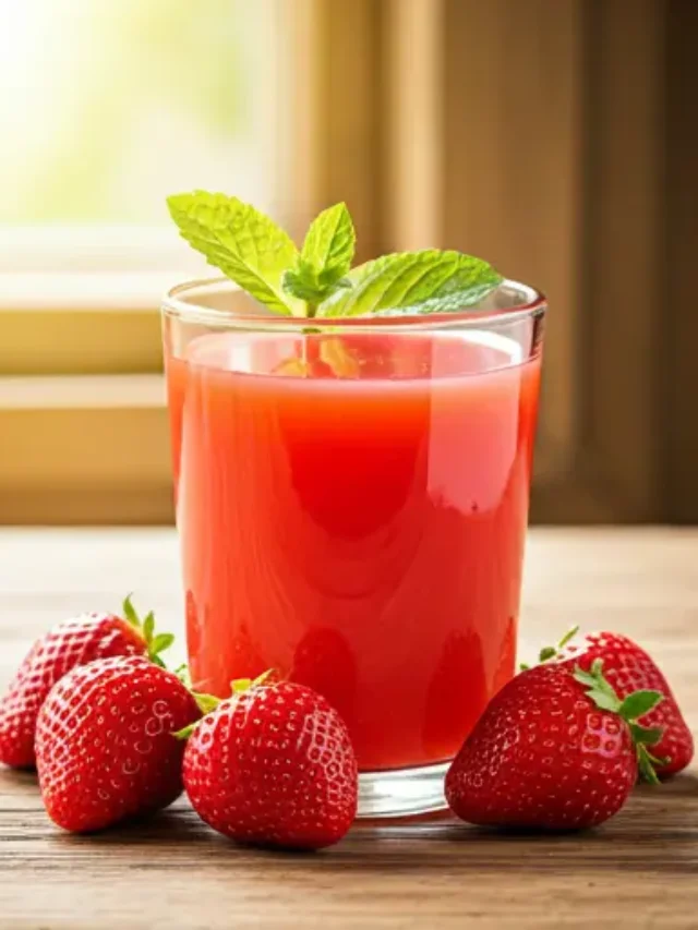 Summer Strawberry Bliss : A vibrant pink smoothie in a glass, topped with a fresh strawberry and a mint sprig, exuding refreshing summer vibes.