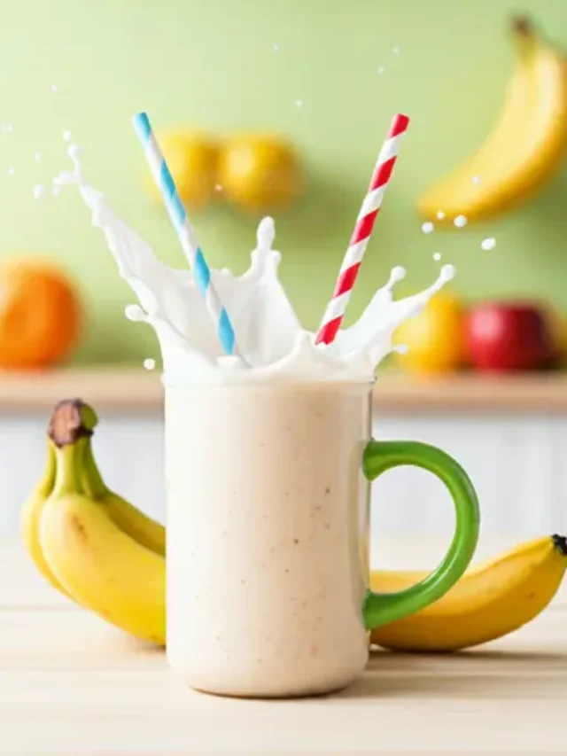 Sunny Banana Kids Smoothie : A creamy pale yellow smoothie in a glass, topped with colorful sprinkles and a banana slice, radiating fun and kid-friendly appeal.