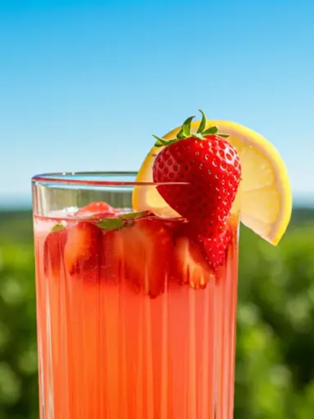 Sweet Summer Strawberry Lemonade : A bright pink lemonade in a glass, garnished with a fresh strawberry and a lemon slice, exuding sweet and summery charm.