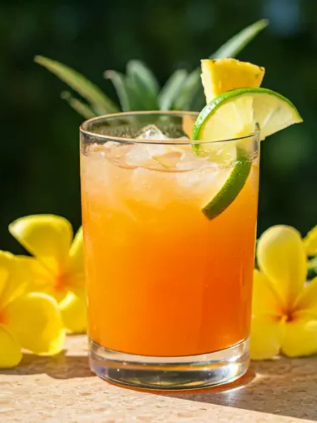 Tropical Carrot Pineapple Limeade : A vibrant orange drink in a glass, garnished with a lime wedge and pineapple slice, exuding tropical freshness and zest.