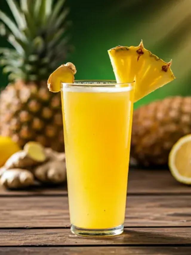 Tropical Ginger Zing ; A golden tropical drink in a glass, garnished with a pineapple wedge and a twist of ginger, bursting with vibrant zest.