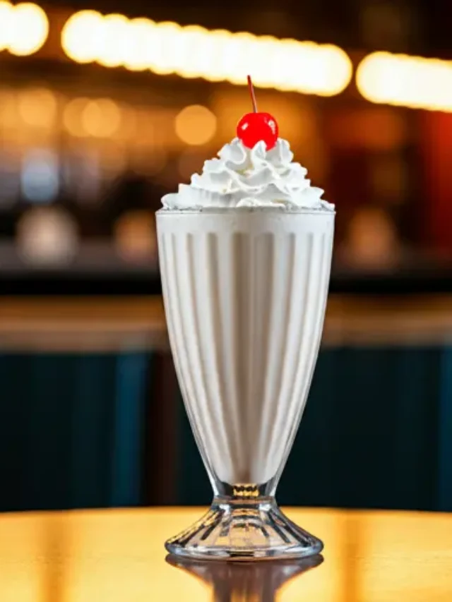 Vanilla Dream Shake : A creamy vanilla milkshake in a glass, topped with whipped cream and a drizzle of vanilla syrup, exuding classic and sweet indulgence.