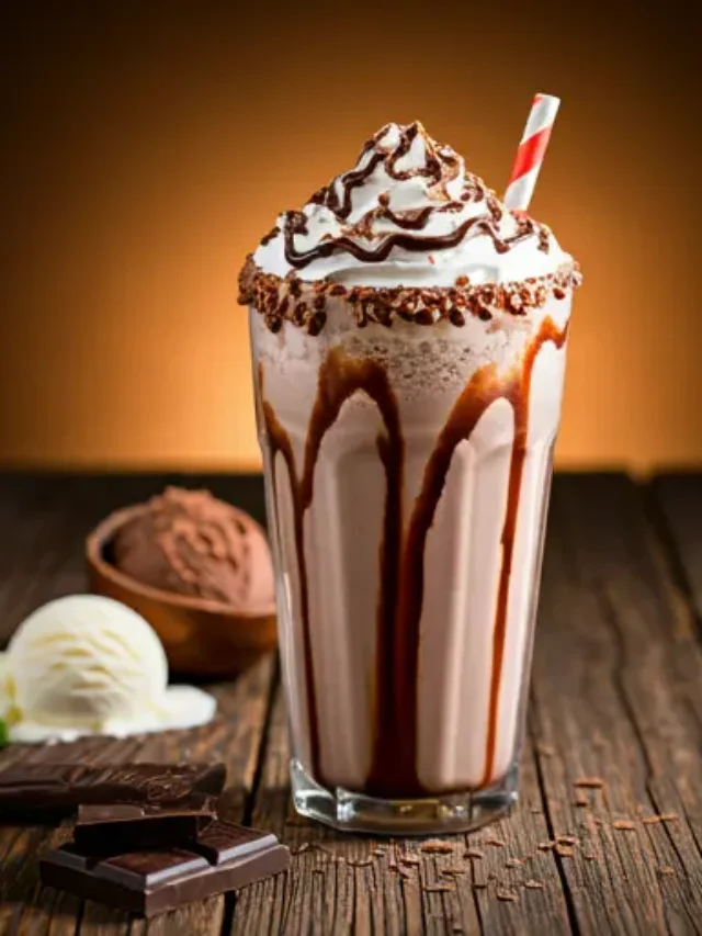 Velvet Cocoa Bliss : A rich chocolate smoothie in a glass, topped with whipped cream and a sprinkle of cocoa powder, exuding luxurious cocoa indulgence.
