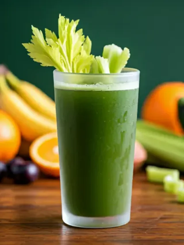 Vibrant Celery Revitalizing Elixir : A light green juice in a glass, garnished with a celery stalk and a sprig of parsley, exuding crisp and refreshing vitality.