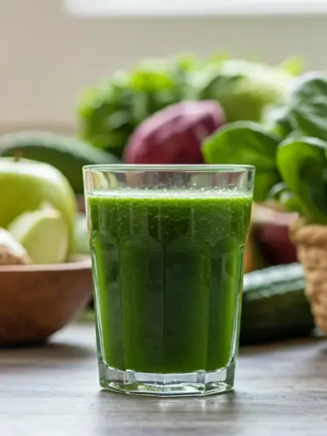 Vibrant Green Juice : A vibrant green juice in a glass, garnished with a cucumber slice and a sprig of parsley, radiating fresh and wholesome energy.