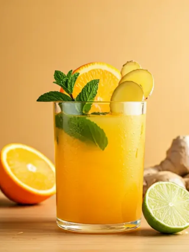 Vitality Citrus Elixir A bright citrus drink in a glass, garnished with an orange slice and a sprig of thyme, exuding refreshing vitality.