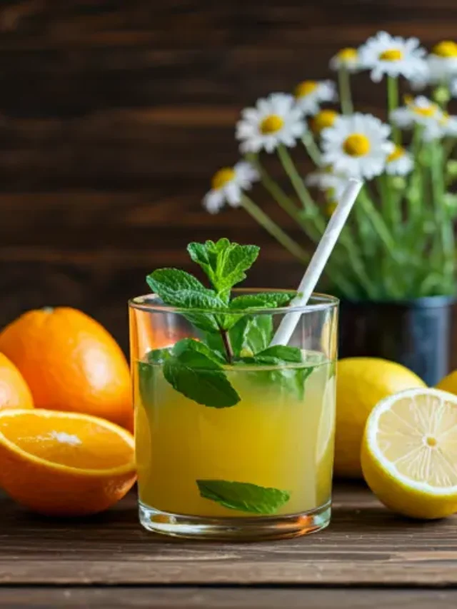 Zen Citrus Elixir : A serene yellow-orange drink in a glass, garnished with a lemon slice and a sprig of lavender, exuding a sense of calm and balance.