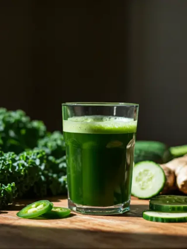 Zesty Green Elixir : A bright green juice in a glass, garnished with a slice of lime and a sprig of parsley, exuding zesty and refreshing energy.