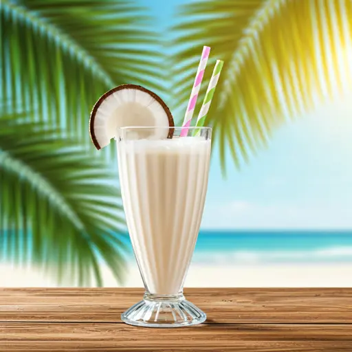 Coconut Cream Shake : A rich and creamy coconut shake in a tall glass, topped with whipped cream and toasted coconut flakes.