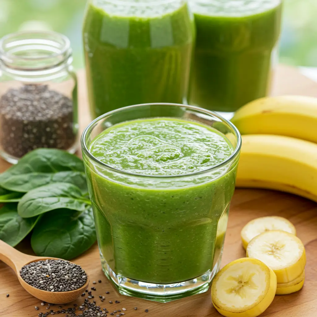 Emerald Vitality Smoothie in a glass with spinach green apple slices and a sprinkle of chia seeds
