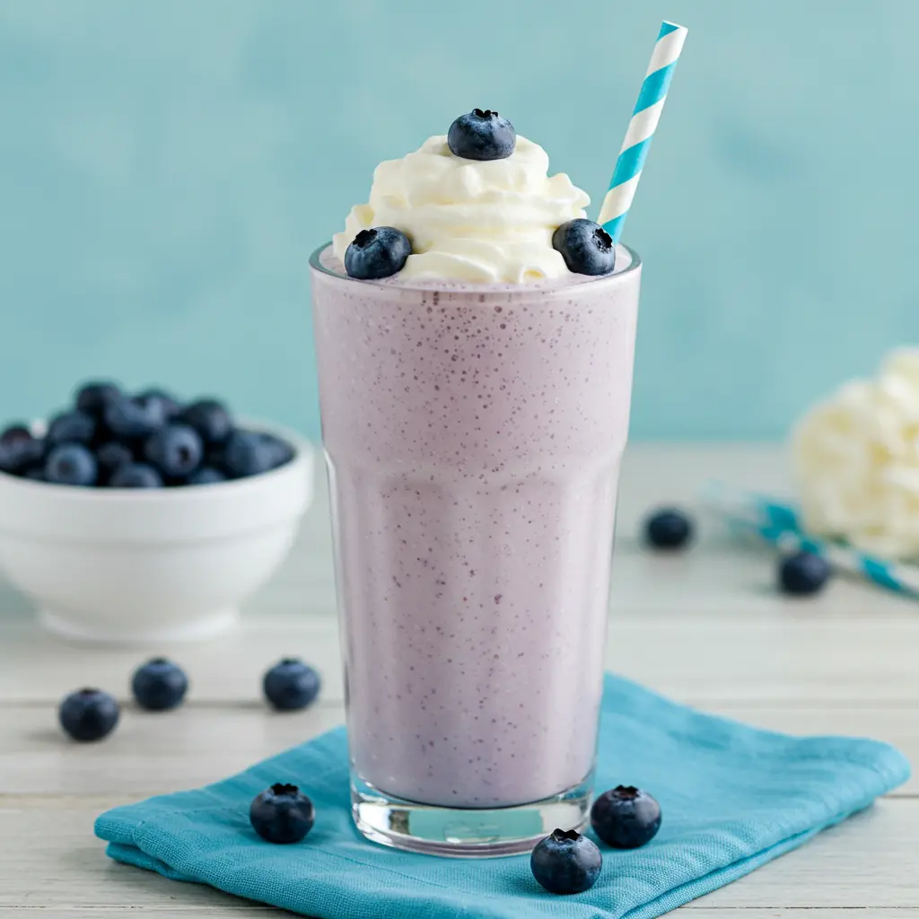 Indulgent Blueberry Dream Shake in a tall glass topped with whipped cream and fresh blueberries