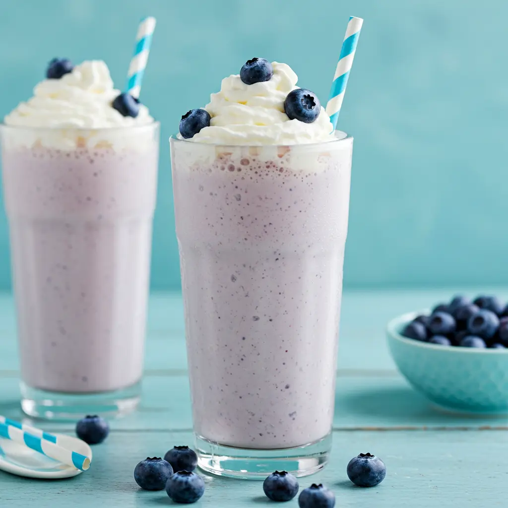 Indulgent Blueberry Dream Shake in a blender with blueberries vanilla ice cream and milk