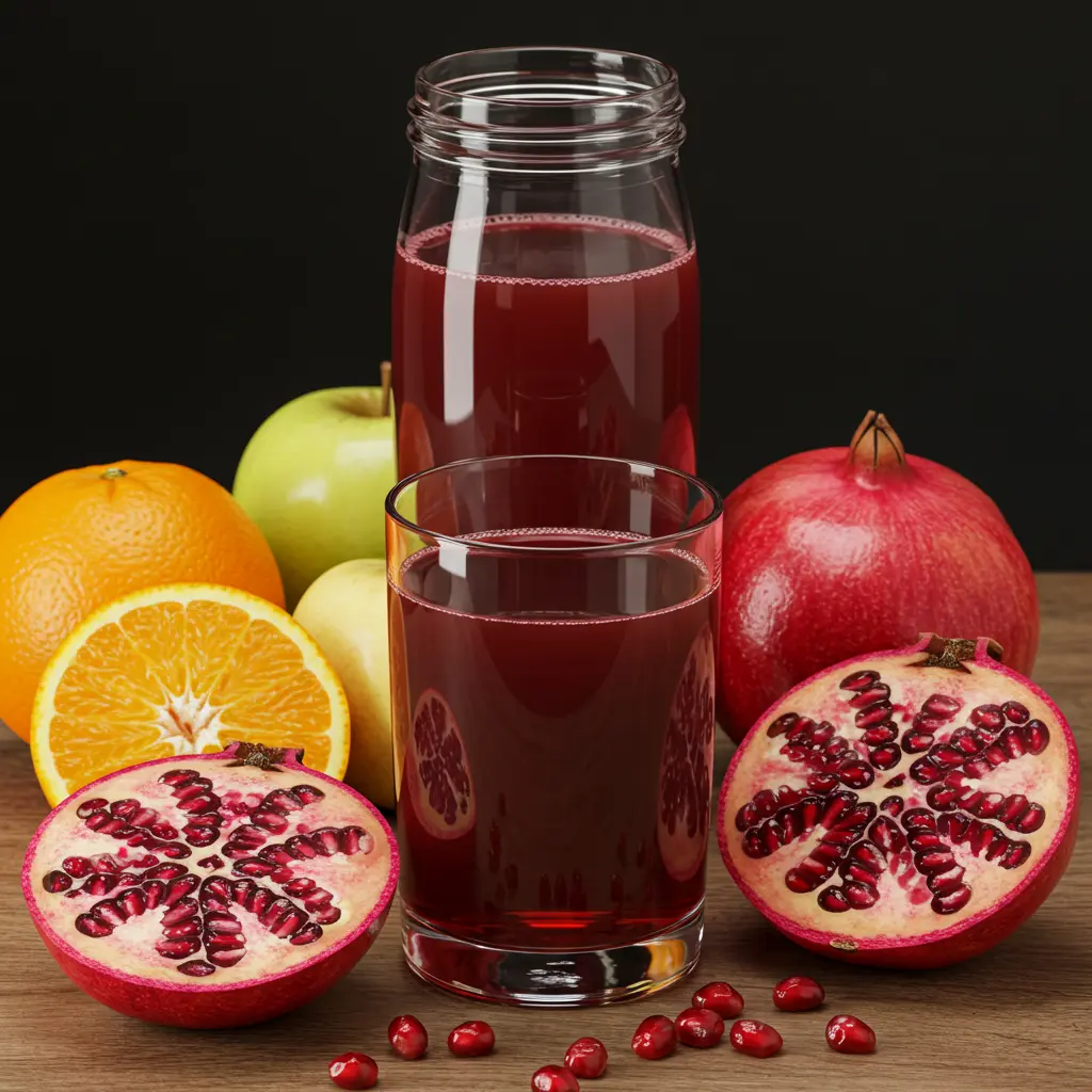 Pomegranate Plus Delight in a glass with fresh pomegranate seeds citrus slices and ice cubes
