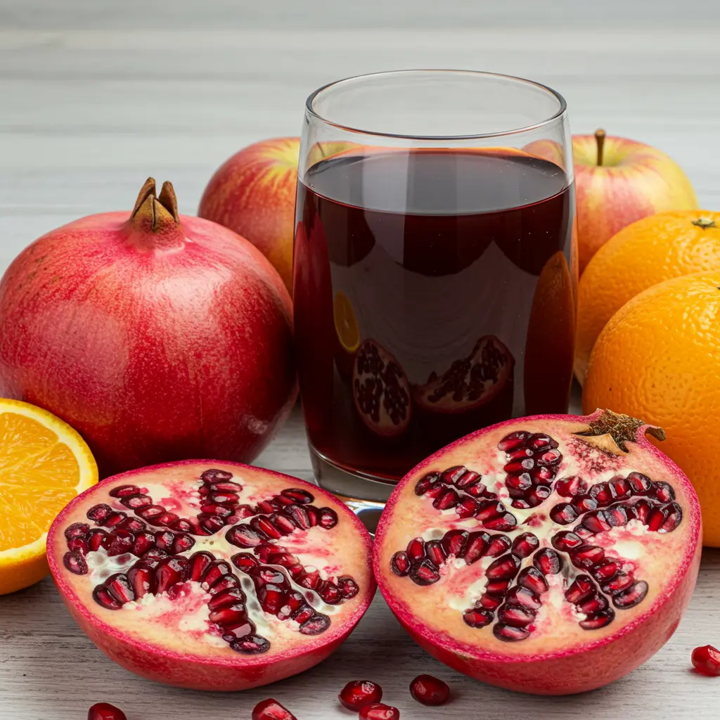 Pomegranate Plus Delight in a pitcher with pomegranate seeds orange and lemon slices and fresh mint leaves