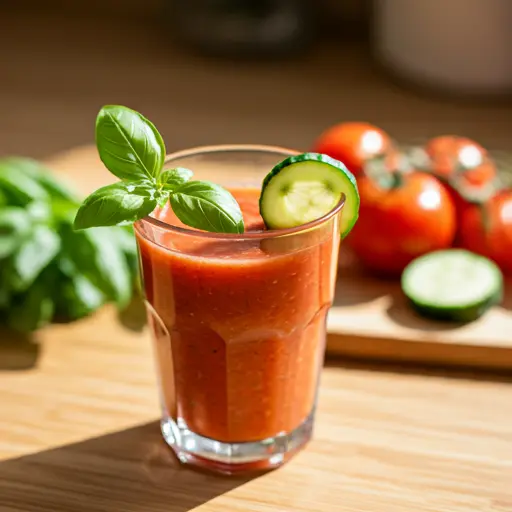 Savory Tomato Bliss Smoothie : A rich and velvety tomato smoothie in a glass, garnished with fresh basil and a cherry tomato.