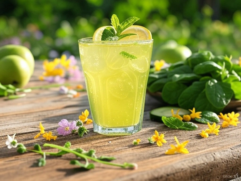Spring Time Juice : A refreshing glass of spring-inspired juice with a golden hue, surrounded by fresh fruits and herbs.