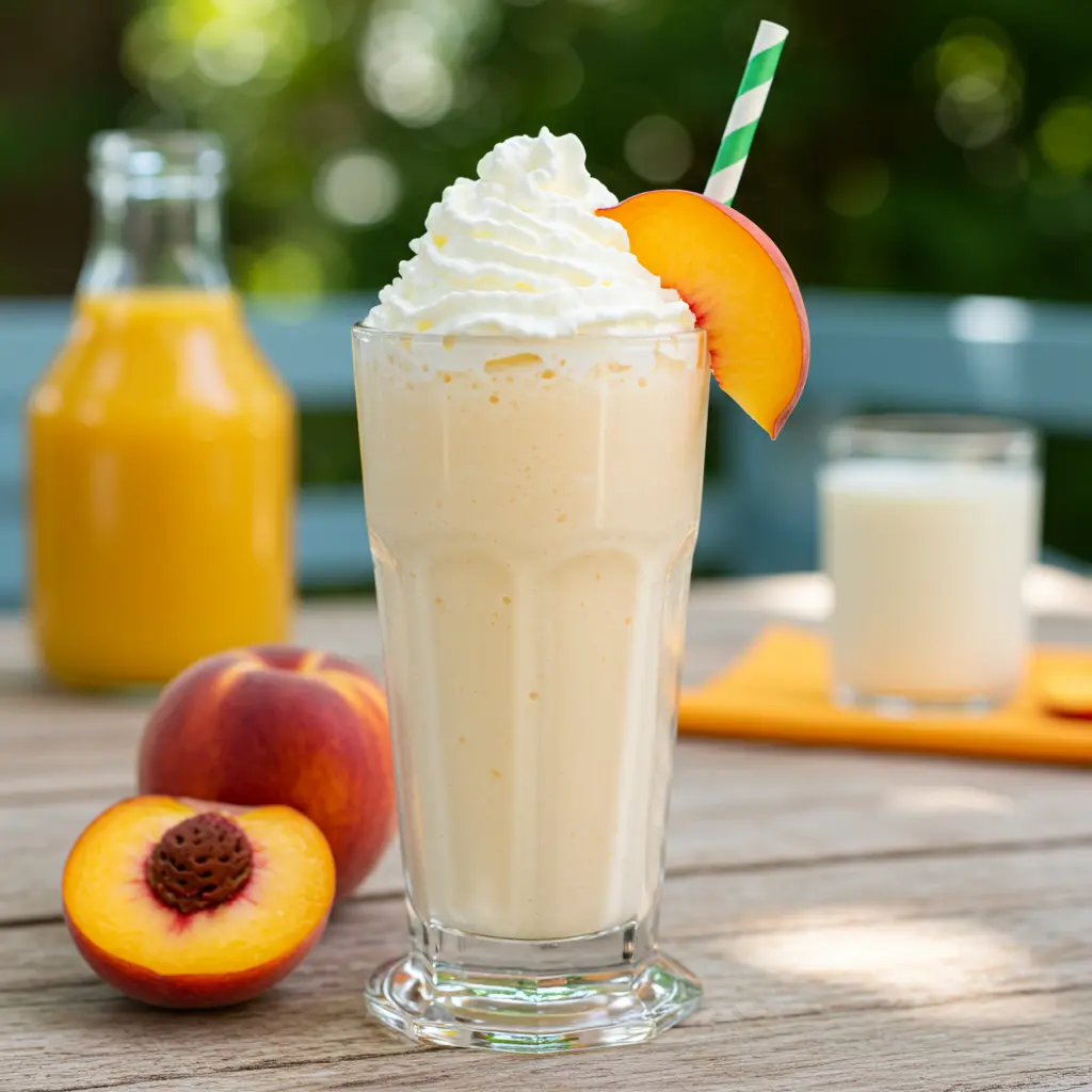 Sweet Summer Peach Milkshake in a tall glass topped with whipped cream and a fresh peach slice