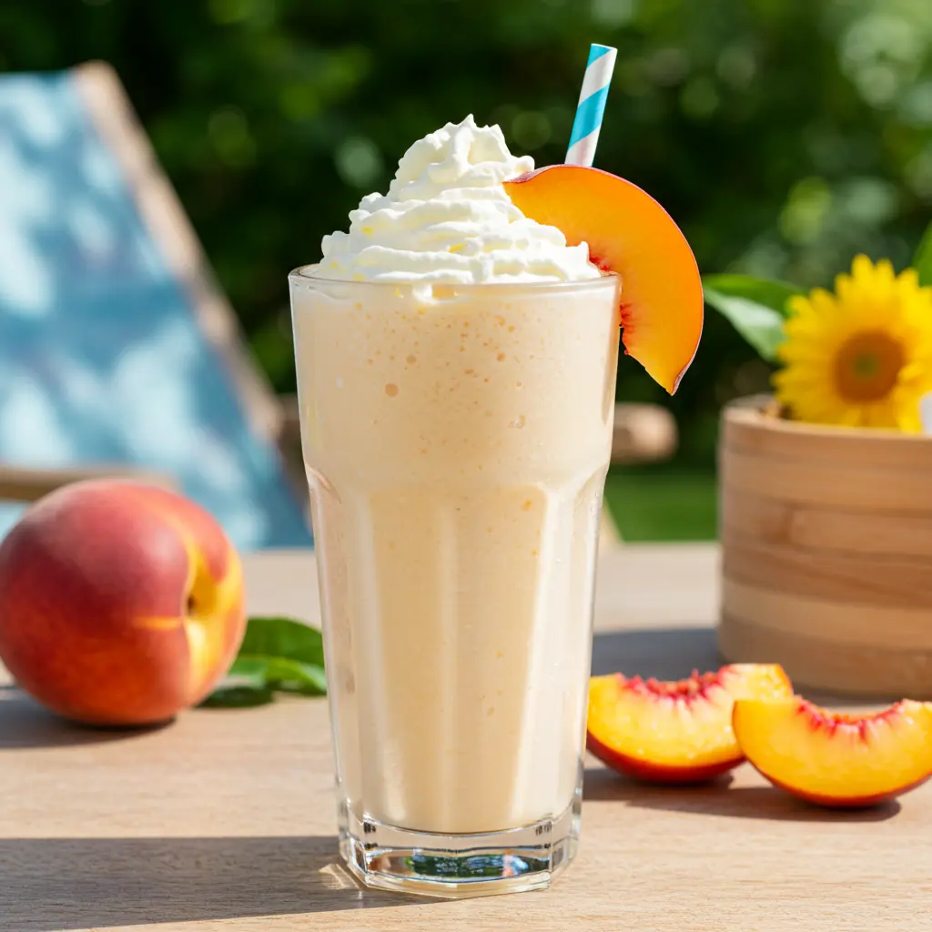 Sweet Summer Peach Milkshake in a blender with fresh peaches vanilla ice cream and milk