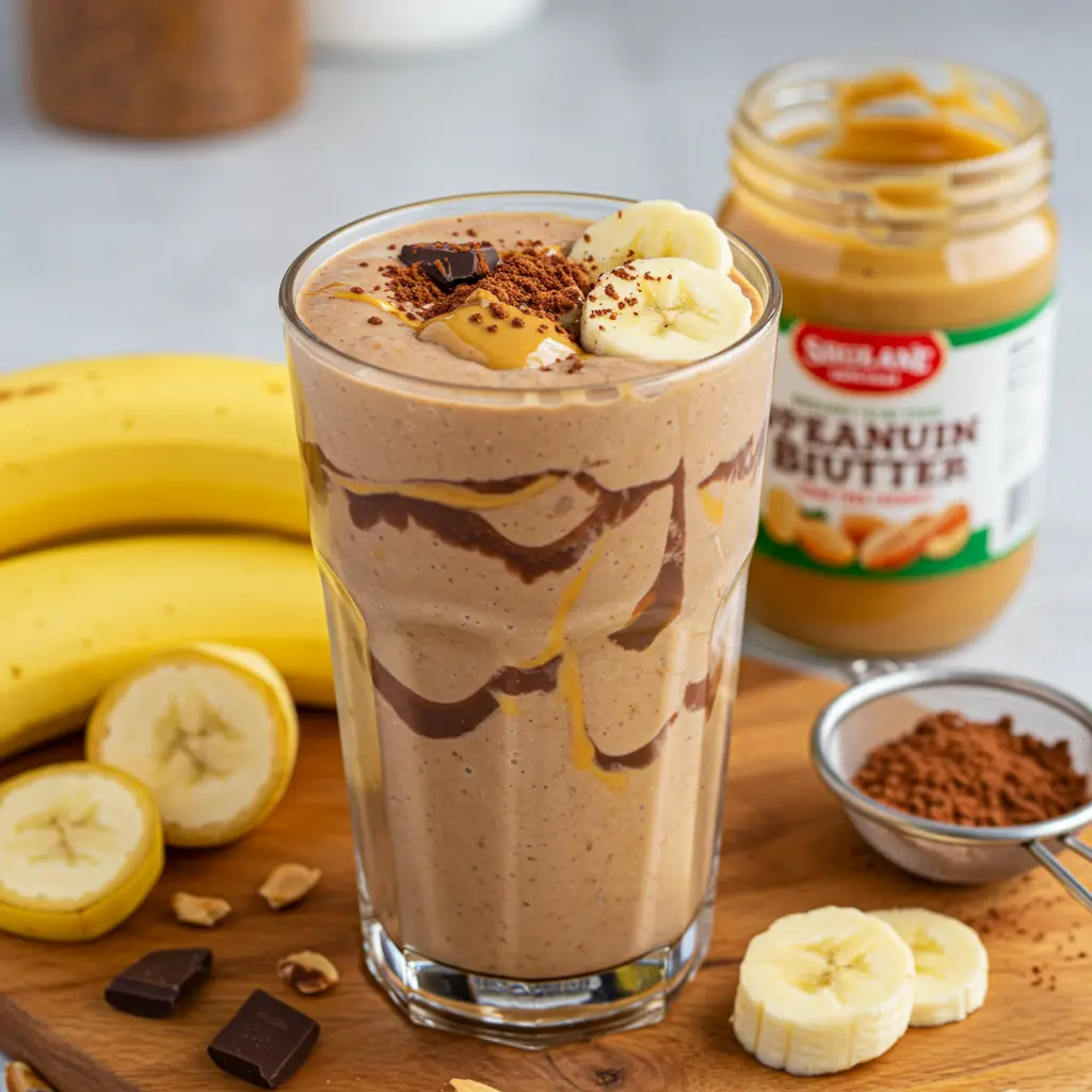 Velvety Chocolate Peanut Butter Banana Bliss smoothie in a glass garnished with a slice of banana and a drizzle of peanut butter