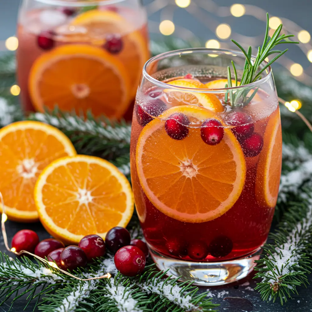 Winter Sparkle Juice in a glass with a slice of orange and a cinnamon stick garnish