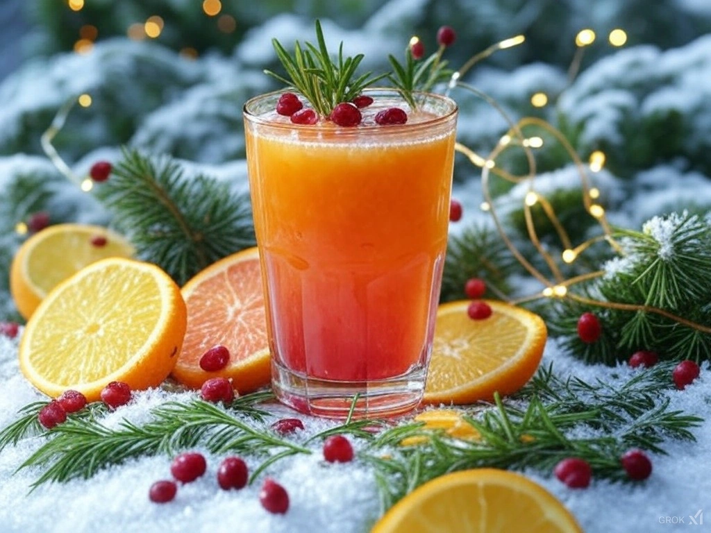 Winter Sparkle Juice : A frosty glass of Winter Sparkle Juice, garnished with citrus slices and pomegranate seeds.