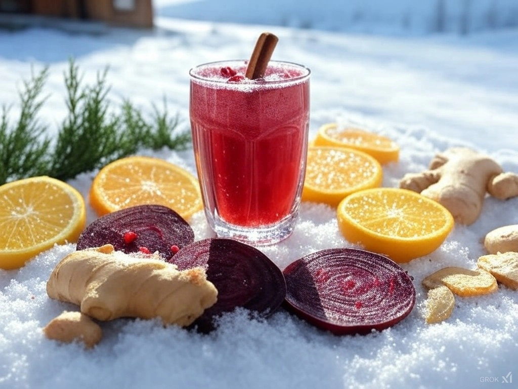 Winter Spice Immunity Booster Juice : A cozy glass of Winter Spice Immunity Booster Juice, garnished with cinnamon sticks and orange slices.